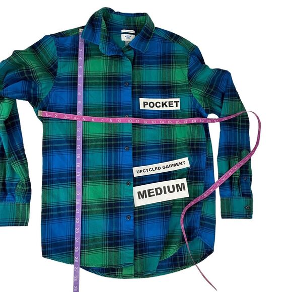 Upcycled Flannel Shirt Womens Medium Shacket Jeep Green Plaid Mechanic Off Road - Picture 3 of 16
